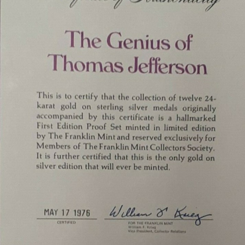 VERY RARE GENIUS OF THOMAS JEFFERSON 24K Gold Plating on STERLING PROOF SET 1976 VERY RARE GENIUS OF THOMAS JEFFERSON 24K Gold Plating on STERLING PROOF SET 1976