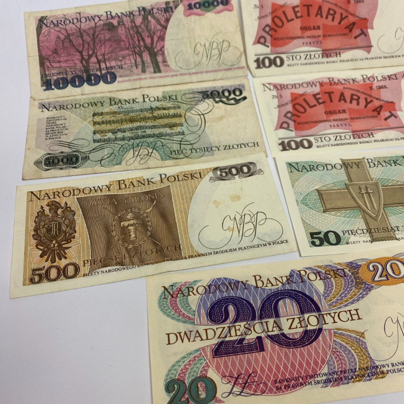 7 note set Poland 10000, 5000, 500, 2x100, 50, 20 Zlotych , 1982-1988 7 note set Poland 10000, 5000, 500, 2x100, 50, 20 Zlotych , 1982-1988