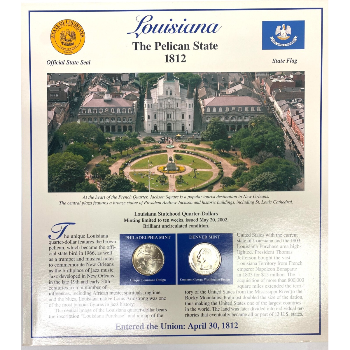 State Of Louisiana From Statehood Quarters & Stamps Collection