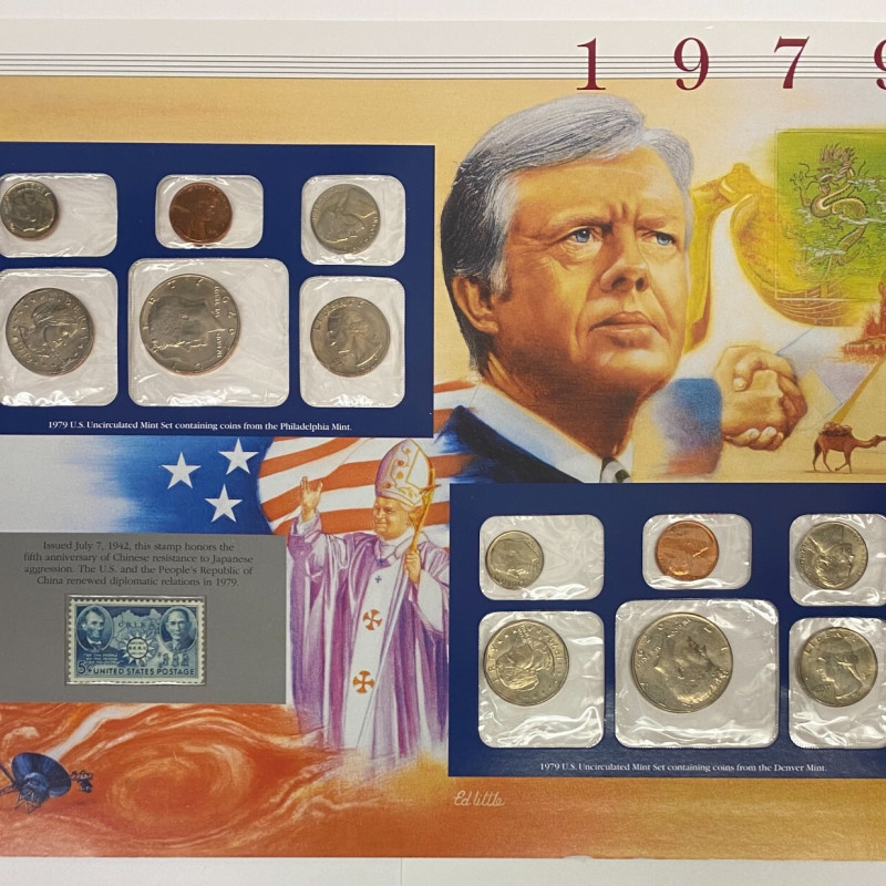 1979 Uncirculated Mint Set Postal Commemorative Society Coins & Stamps Panel