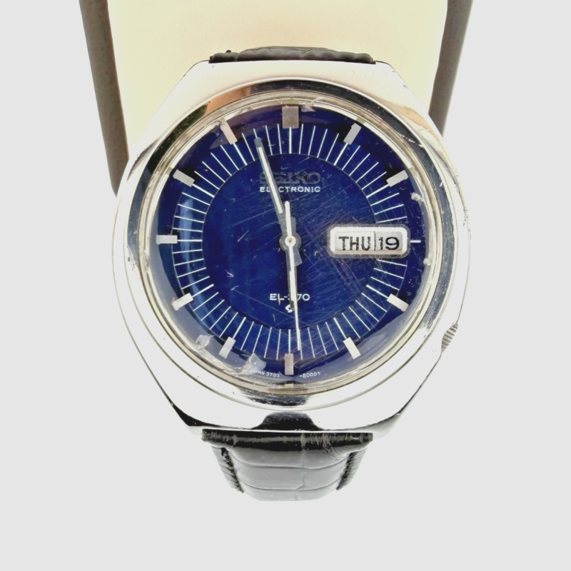 Vintage Seiko Electronic EL-370 Blue Dial Day-Date Stainless Steel Watch