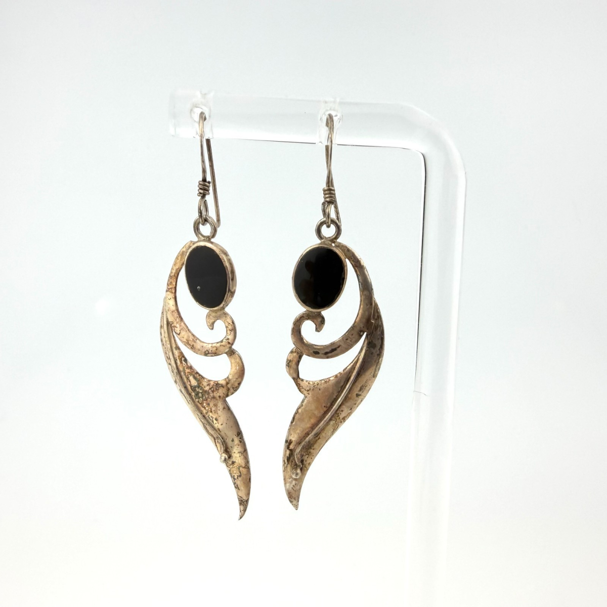Vintage Sterling Silver Scroll Leaf Dangle Earrings with Black Onyx - Unbranded