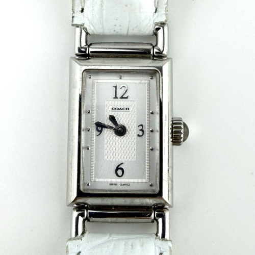 Coach Vintage Silver Tank Watch White Leather Strap - Rectangular Ladies Watch Coach Vintage Silver Tank Watch White Leather Strap - Rectangular Ladies Watch