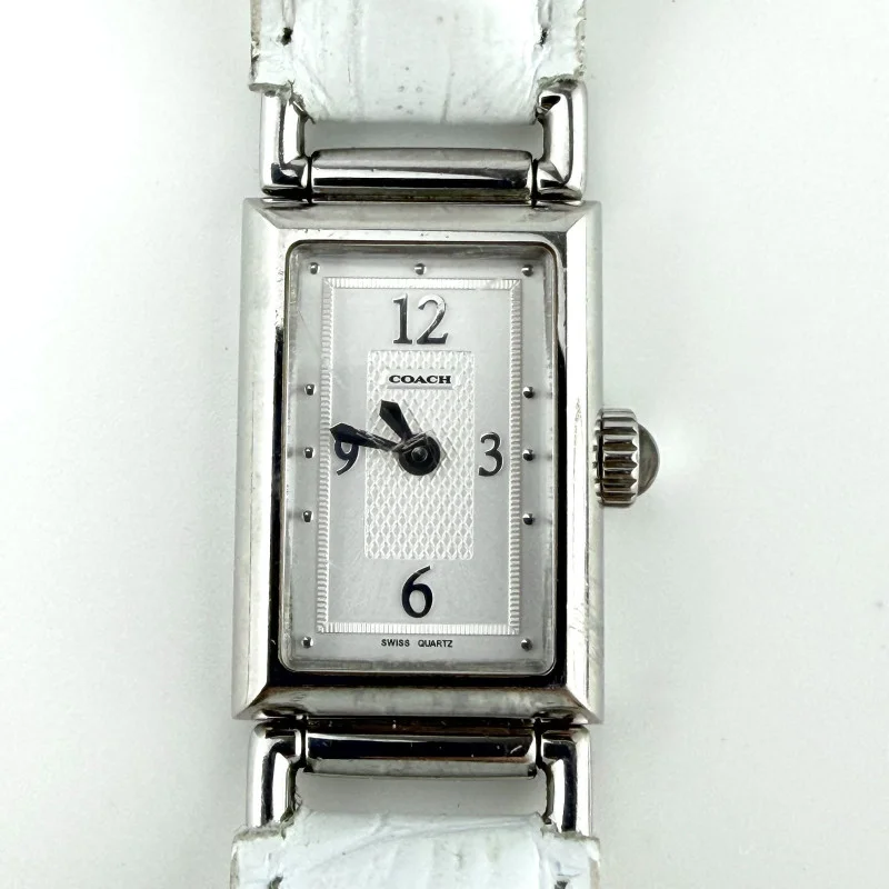 Coach Vintage Silver Tank Watch White Leather Strap - Rectangular Ladies Watch