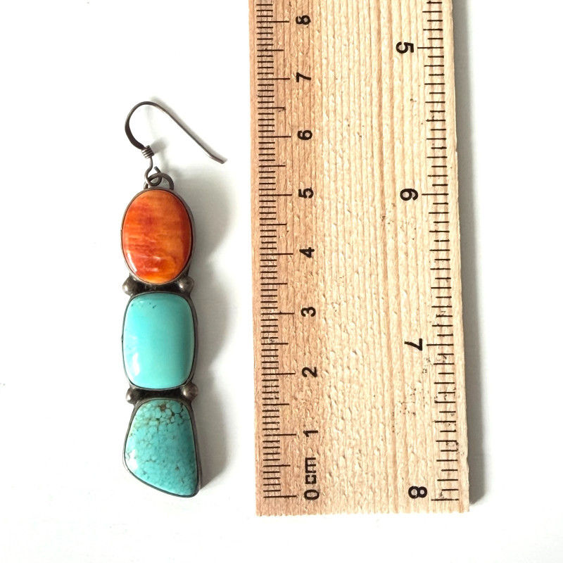 Blue Turquoise Red Spiny Ouster Navajo Sterling Silver Inlay Earrings Signed pp