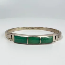 Vintage MEXICO 950 Sterling Silver Green Jade Inlay Hinged Bangle Bracelet