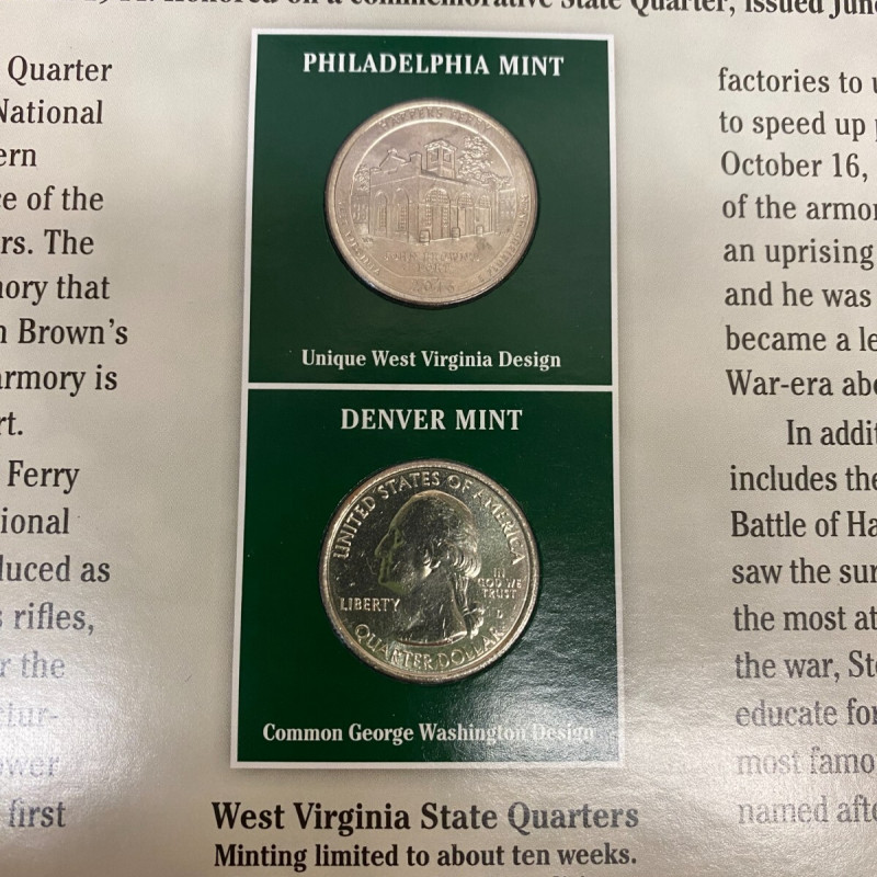 2016 P + D W. Virginia Harpers Ferry Quarters + 2 Stamps Placard w/Protector PCS