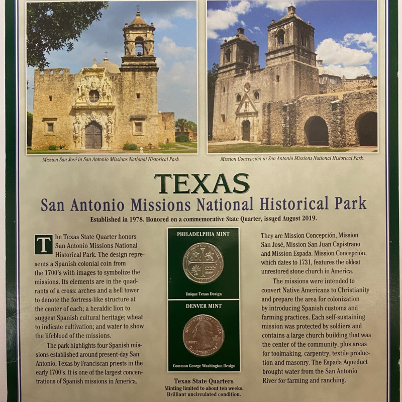 2019 Texas San Antonio Missions Quarter P&D w/ 2 Stamps Display Card