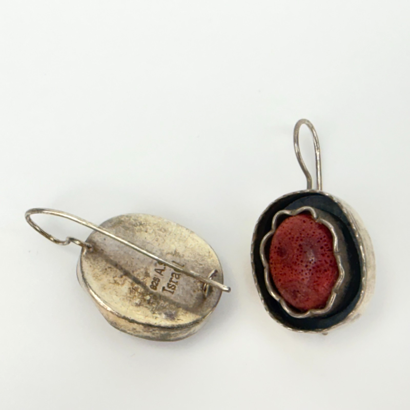 Vintage Israel Red Coral Earrings 925 Sterling Silver Drop Dangle
