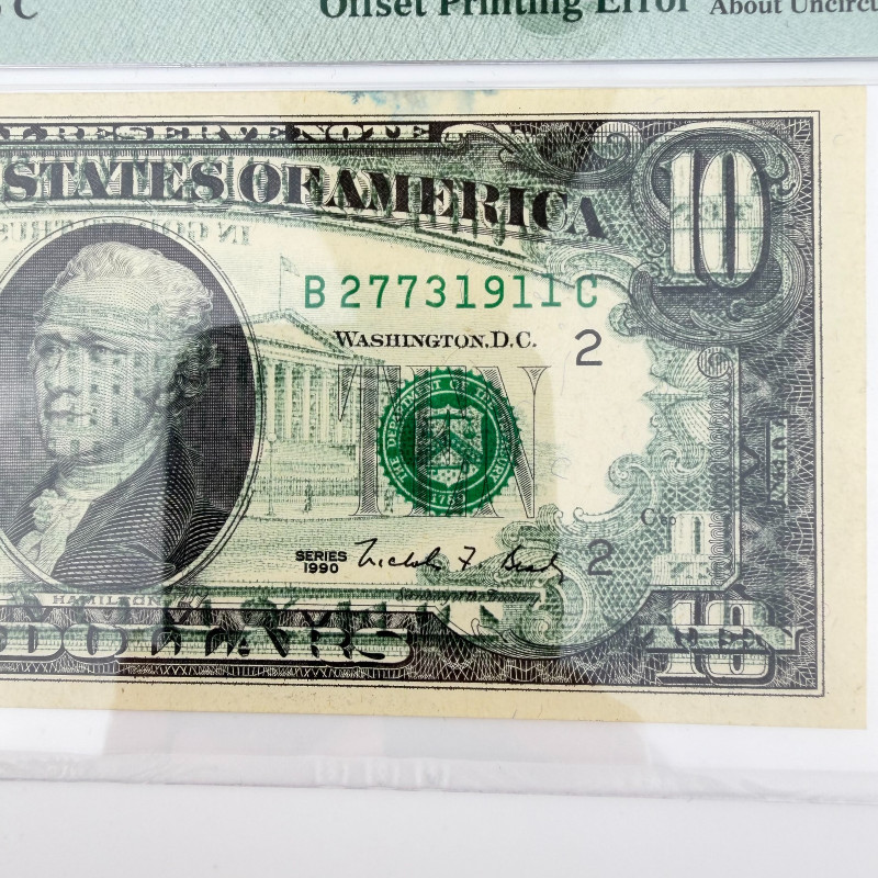 1990 $10 FRN New York Offset Printing Error Back to Front PMG 55 B2773 1911C