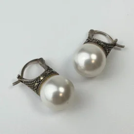 Vintage Marcasite And White Pearl 925 Silver Earrings Pierced