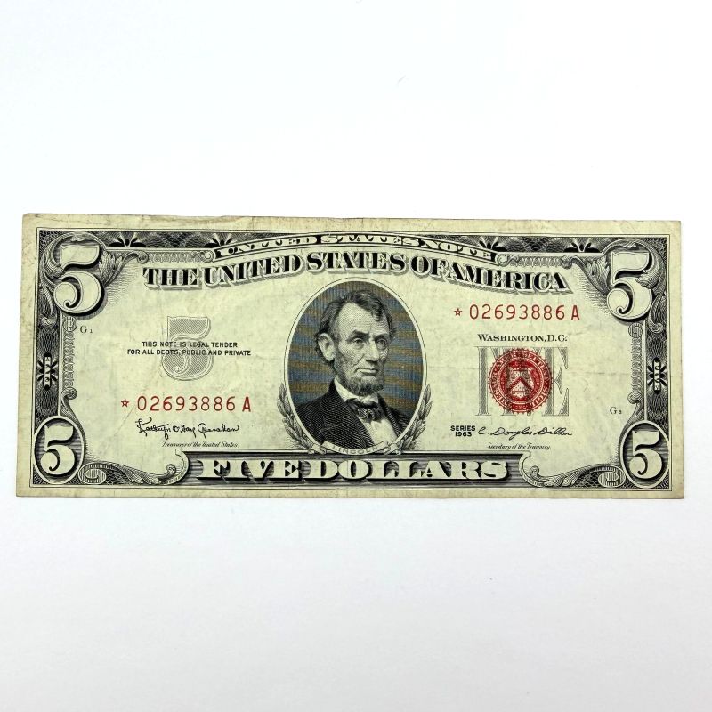 1963 $5 Red Seal United States Star Note - Serial * 02693886A Granahan-Dillon