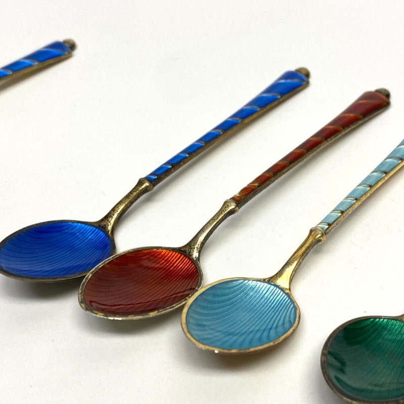 6 Demitasse Spoon Set Enamel Gilt Sterling Silver Ela Denmark