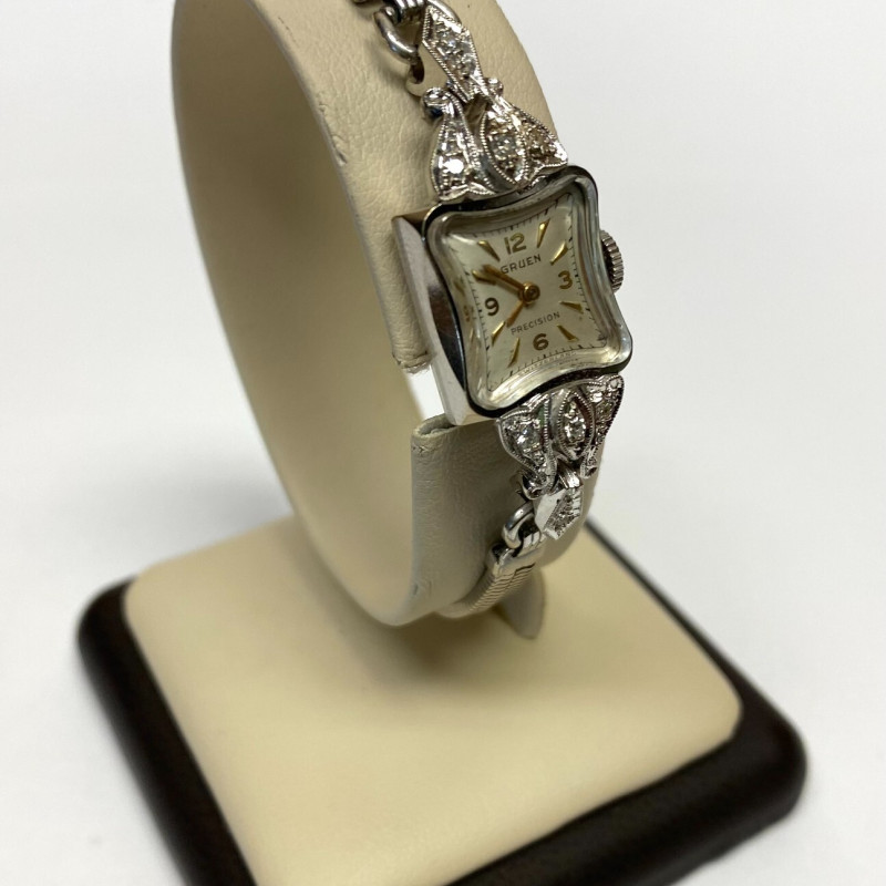 Vintage Ladies Gruen Precision 14K White Gold w Diamonds 17 Jewels