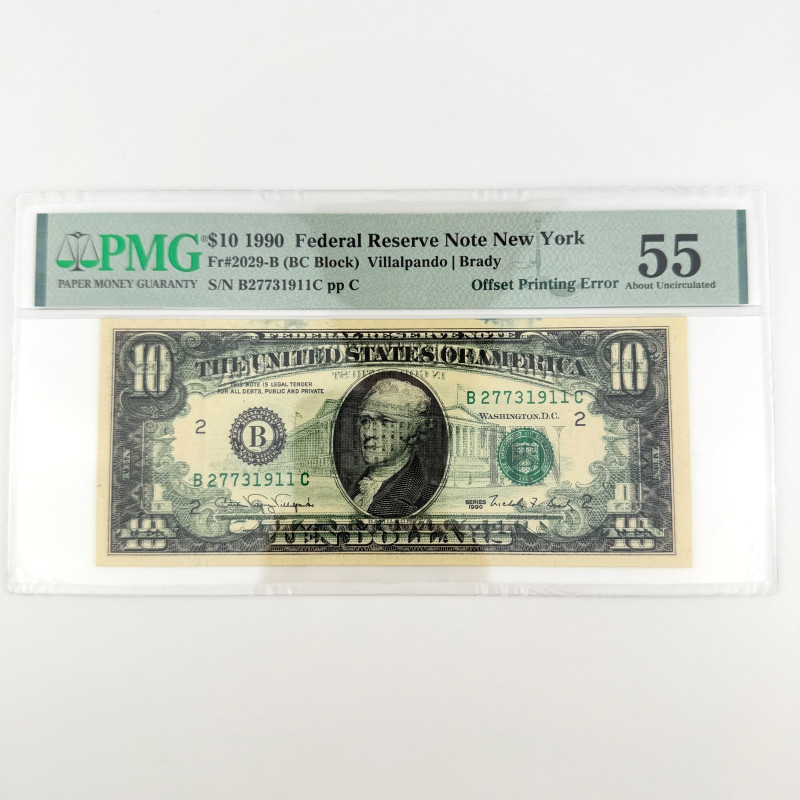 1990 $10 FRN New York Offset Printing Error Back to Front PMG 55 B2773 1911C