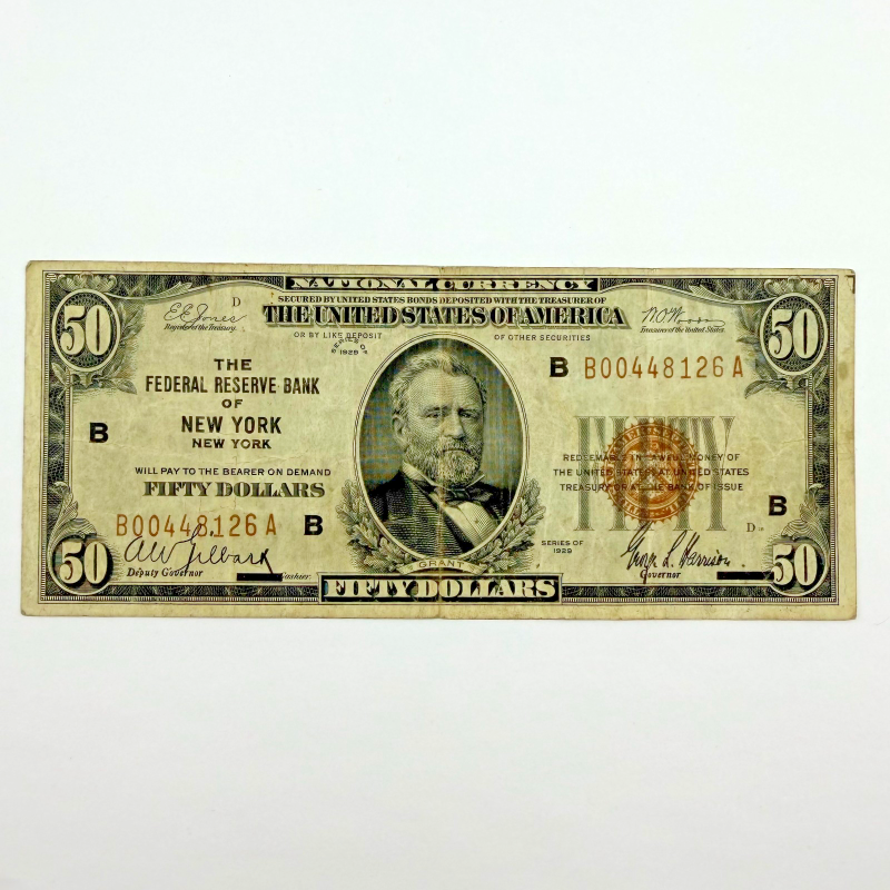 Rare Depression Era 1929 $50 FRBN Brown Seal - Serial B00448126A NY