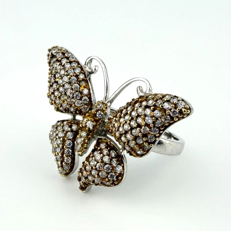 Gorgeous Sterling Silver 925 Butterfly Ring with Pave CZ Stones, Size 6