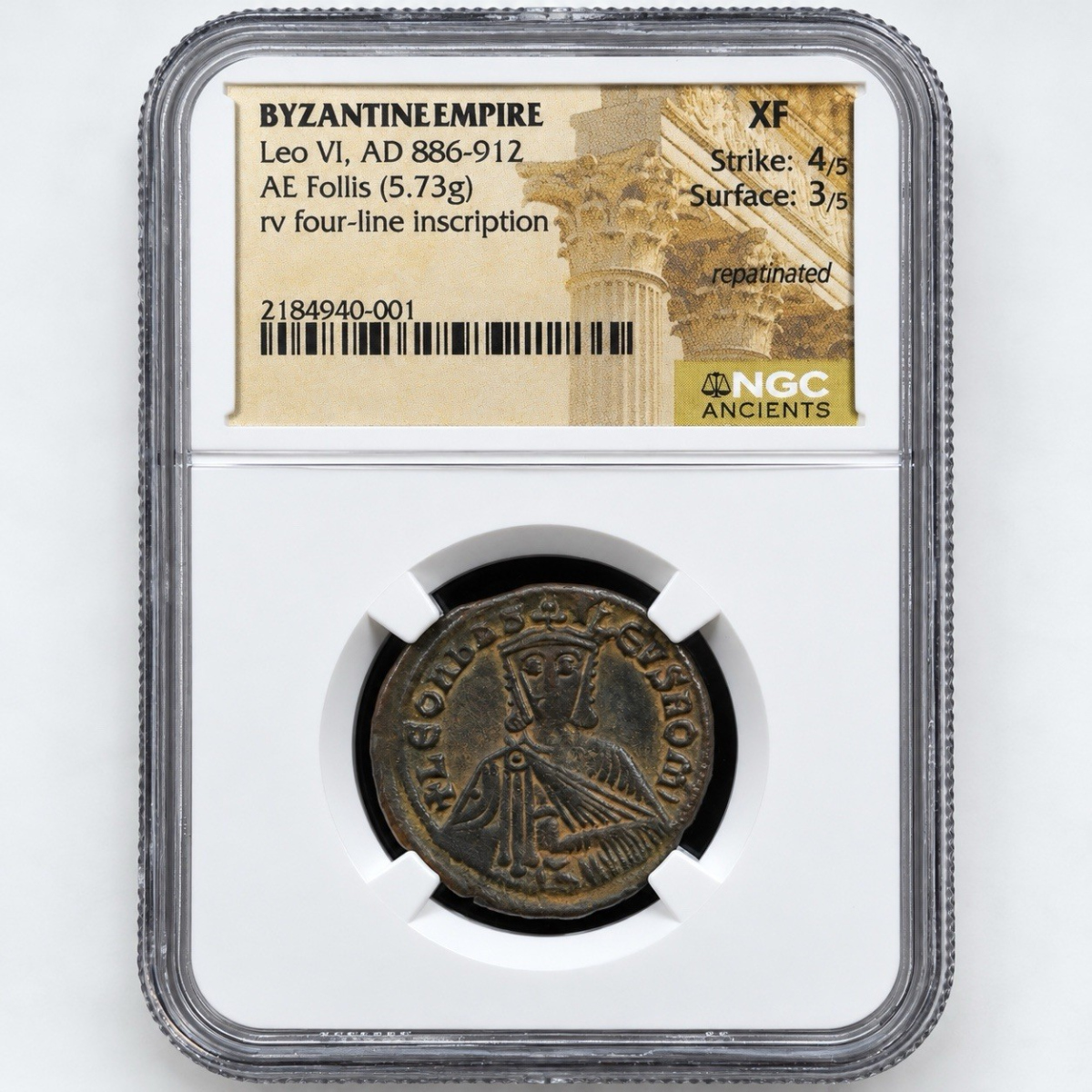 Byzantine Empire Leo VI 886-912 AE Follis Four Line Reverse NGC XF Repatinated