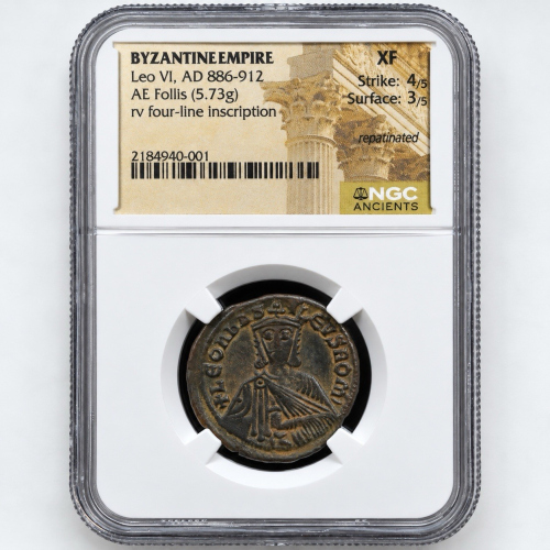 Byzantine Empire Leo VI 886-912 AE Follis Four Line Reverse NGC XF Repatinated