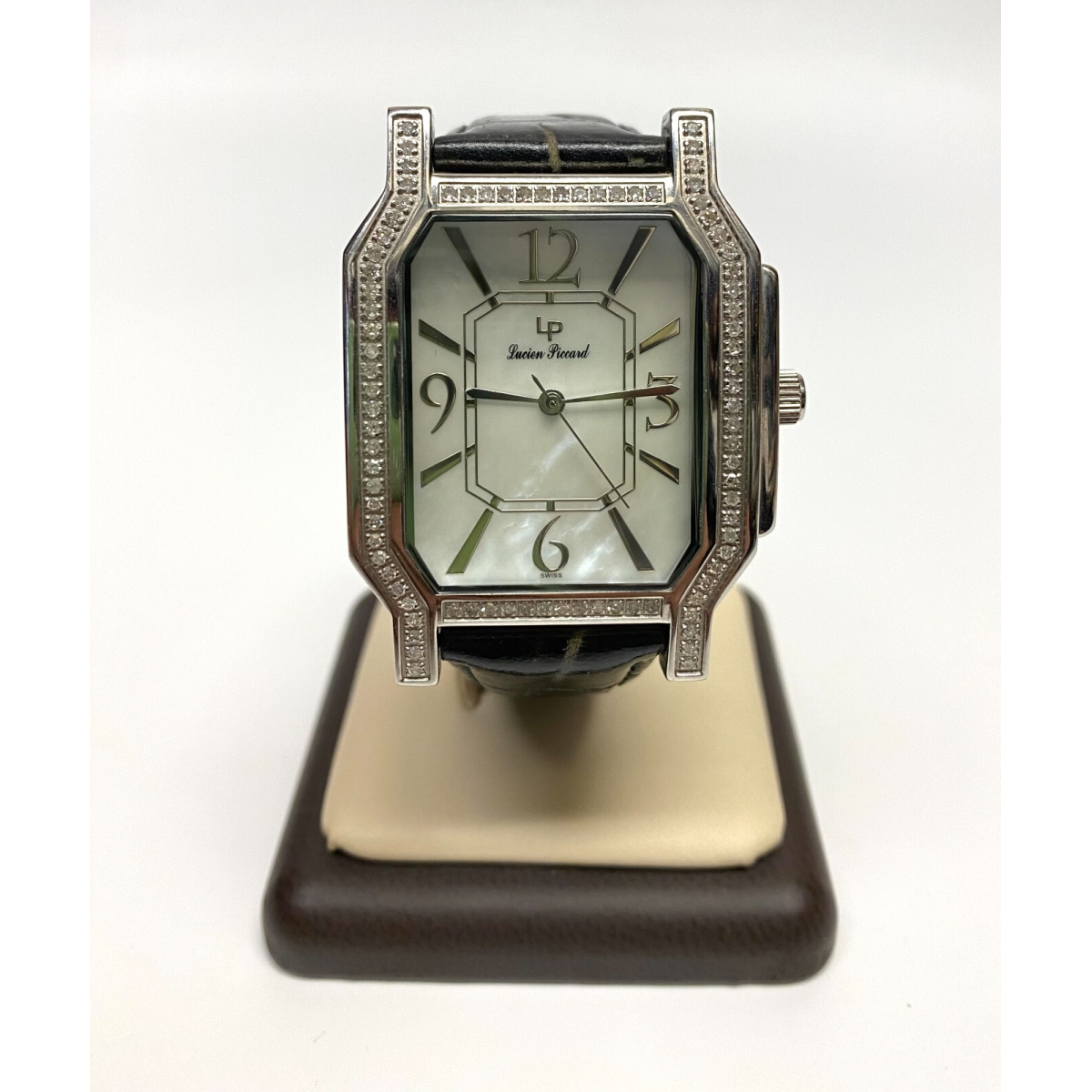 Black Leather Band Mother of Pearl Pace Diamond Bezel Watch