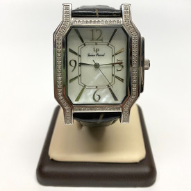 Black Leather Band Mother of Pearl Pace Diamond Bezel Watch