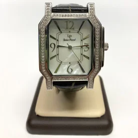 Black Leather Band Mother of Pearl Pace Diamond Bezel Watch