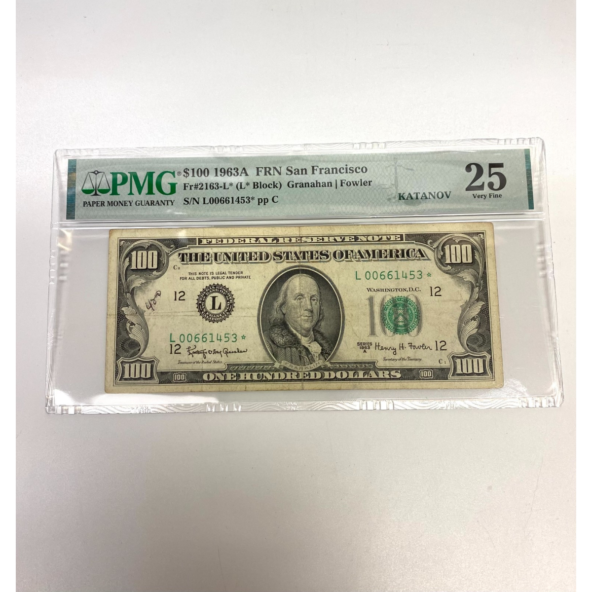 Fr 2163-L* (L* Block) $100 1963A San Francisco Star FRN Annotation Note. PMG 25