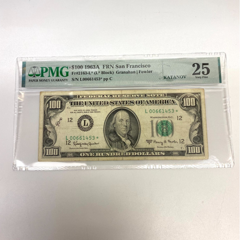 Fr 2163-L* (L* Block) $100 1963A San Francisco Star FRN Annotation Note. PMG 25 Fr 2163-L* (L* Block) $100 1963A San Francisco Star FRN Annotation Note. PMG 25
