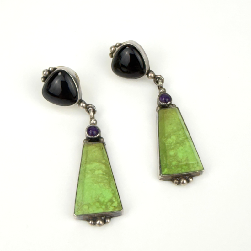 Vintage Sterling Silver DEL Earrings Green Turquoise Onyx Amethyst Dangle