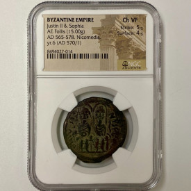 yr.6 Ad 570/1 Byzantine Empire Justin II & Sophia AE Follis NGC Ch VF