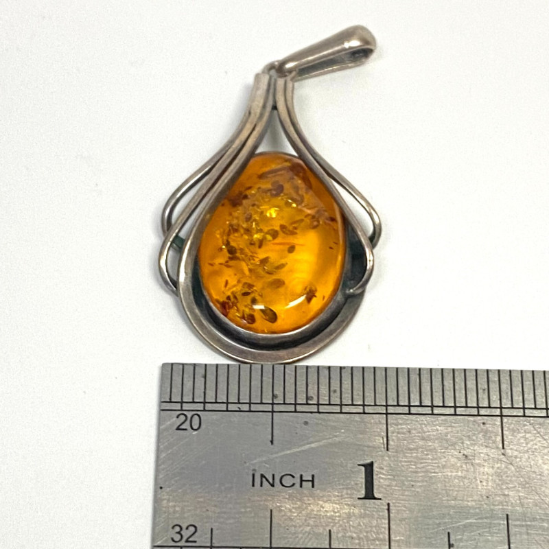 Silver Vintage Real Amber Modernist Pendant