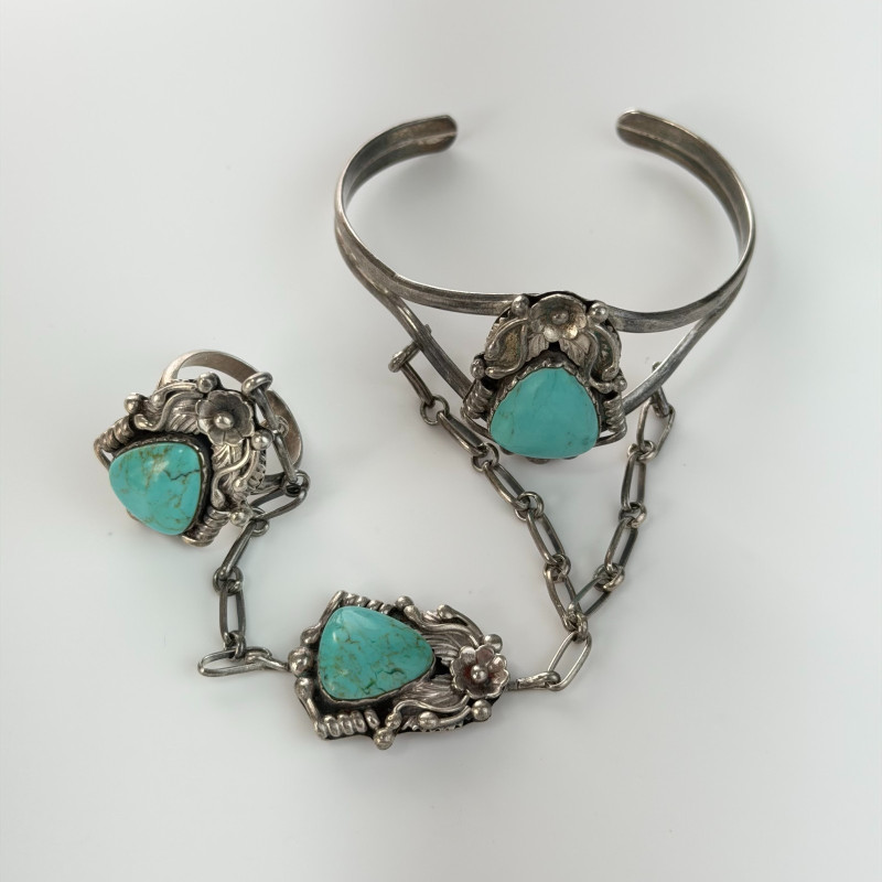 Antique Native American Blue Turquoise Cabs Bangle Slave Bracelet