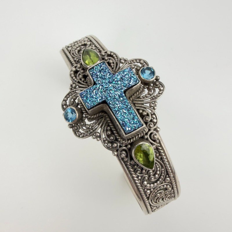 Rare Sarda Artisan Collection Of Bali Paraiba Silver Cuff Bracelet with Cross