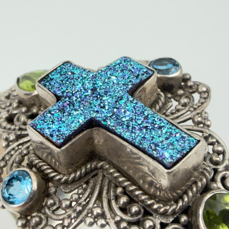 Rare Sarda Artisan Collection Of Bali Paraiba Silver Cuff Bracelet with Cross