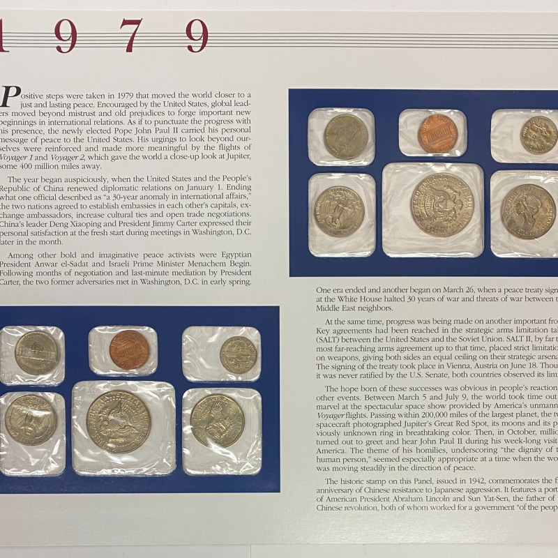 1979 Uncirculated Mint Set Postal Commemorative Society Coins & Stamps Panel