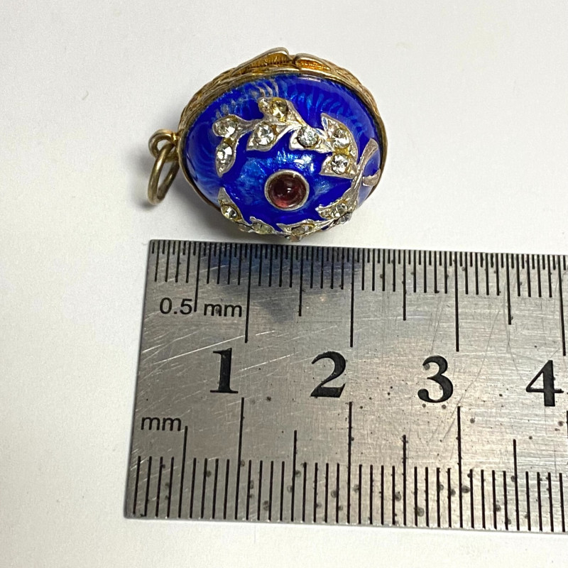Small Antique Enamel Sterling Silver Opening Egg Pendant with Ruby