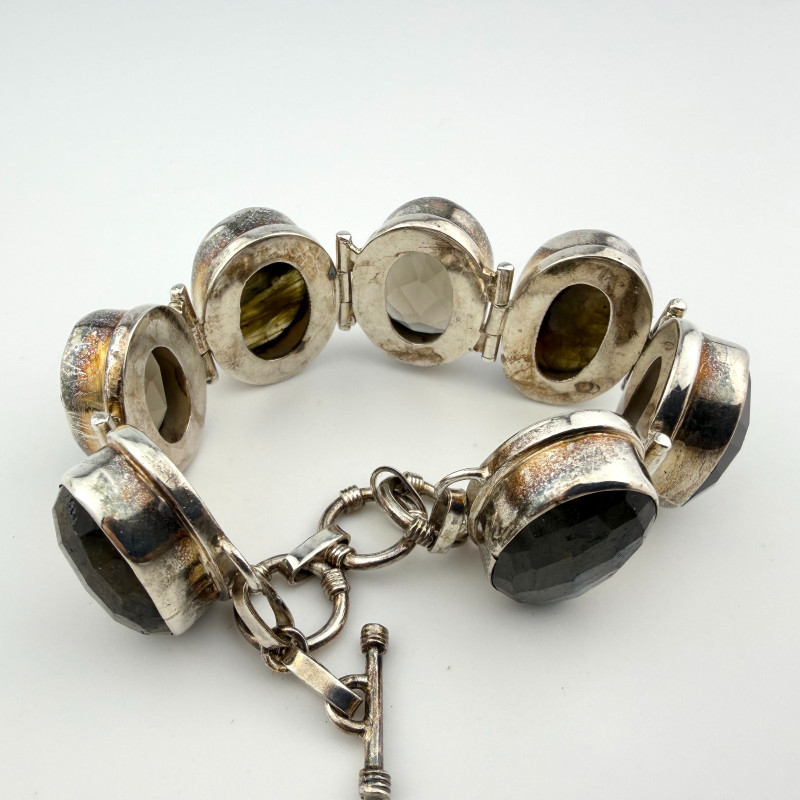 Sterling Silver 925 Large Smokey Quartz and Labradorite Gemstone Bracelet