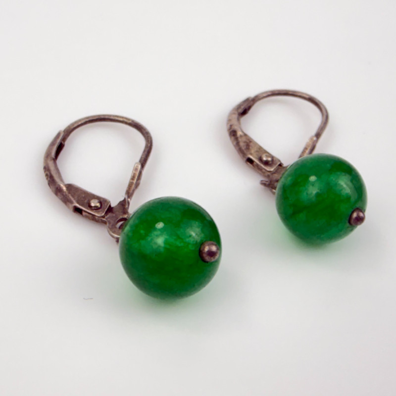 Sterling Silver Natural Green Jade Gems Round Beads Hook Earrings