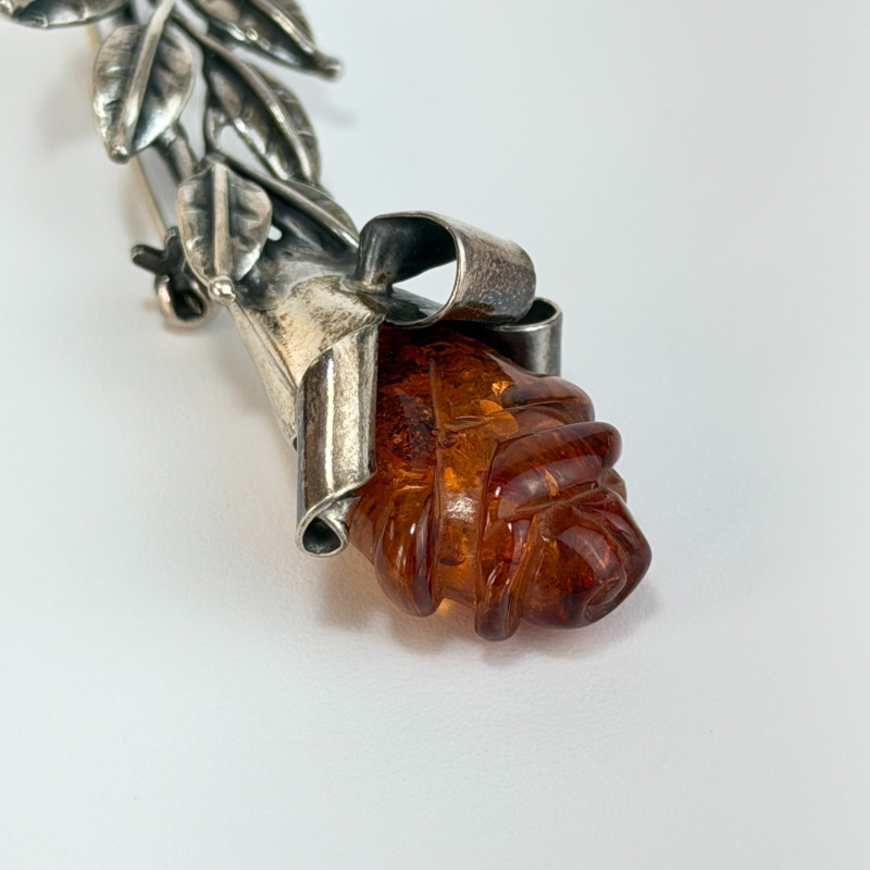 Antique Art Nouveau England .925 Sterling Silver Carved Amber Rose Brooch