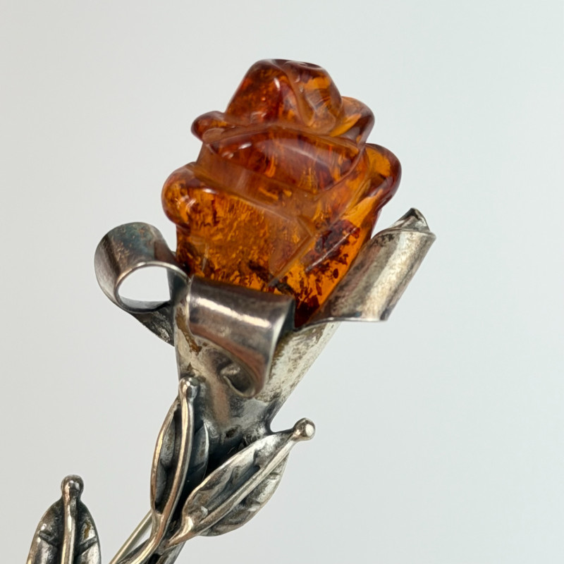 Antique Art Nouveau England .925 Sterling Silver Carved Amber Rose Brooch