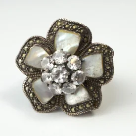 Vintage Sterling Silver Floral Mother of Pearl Marcasite Ring Signed HAN THAI