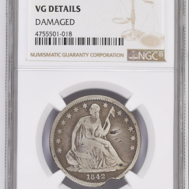1842 SEATED LIBERTY SM DATE LG LET 50 C NGC VG DETAILS DAMAGED