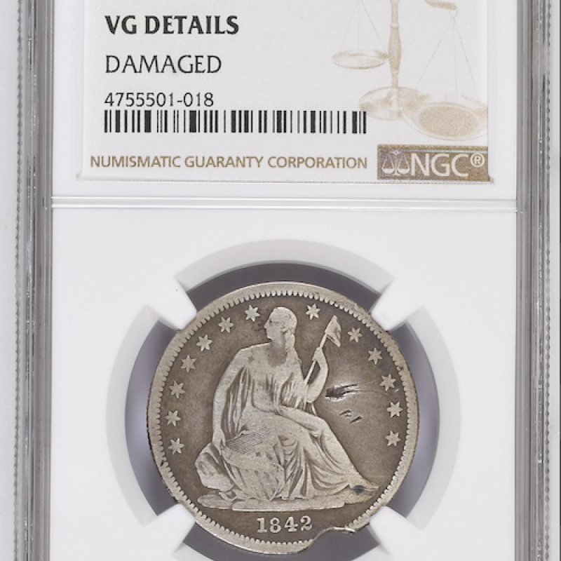 1842 SEATED LIBERTY SM DATE LG LET 50 C NGC VG DETAILS DAMAGED