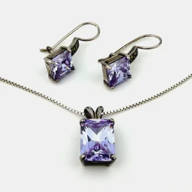 Sterling Silver Lavender CZ & Marcasite Jewelry Set - Pendant & Earrings - 925
