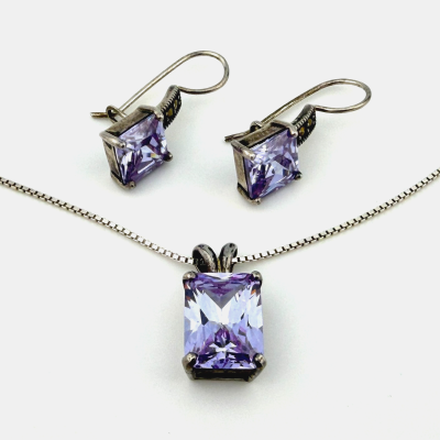 Sterling Silver Lavender CZ & Marcasite Jewelry Set - Pendant & Earrings - 925