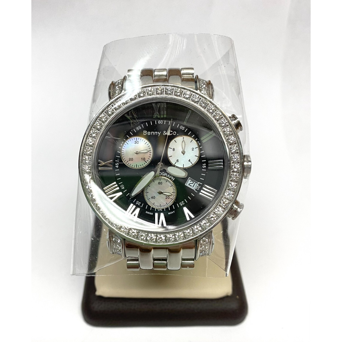 BENNY & CO.  & DIAMOND 3ct QUARTZ with BLACK DIAL Men's Watch, Stainless Steel