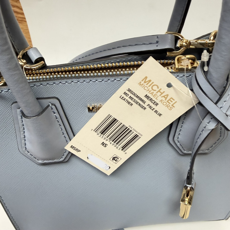 Michael Kors Mercer Medium Leather Tote Bag Pale Blue NWT + Crossbody Strap