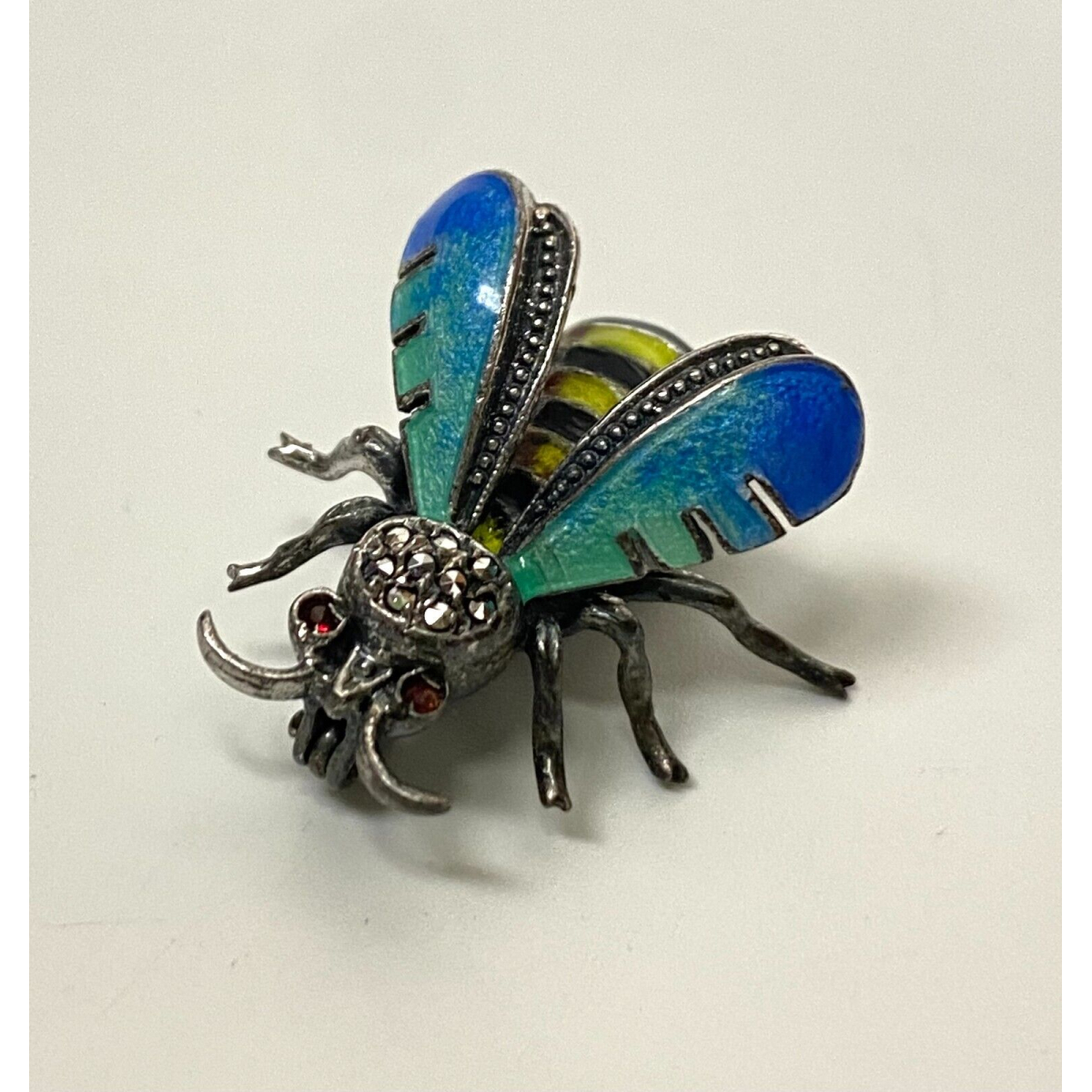 Vintage Sterling Silver & Enamel Bee Pin With Marcasite & Ruby Stone Eyes