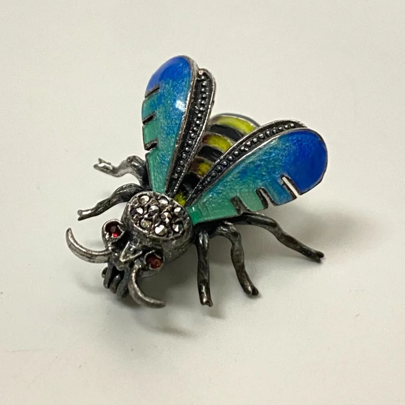 Vintage Sterling Silver & Enamel Bee Pin With Marcasite & Ruby Stone Eyes