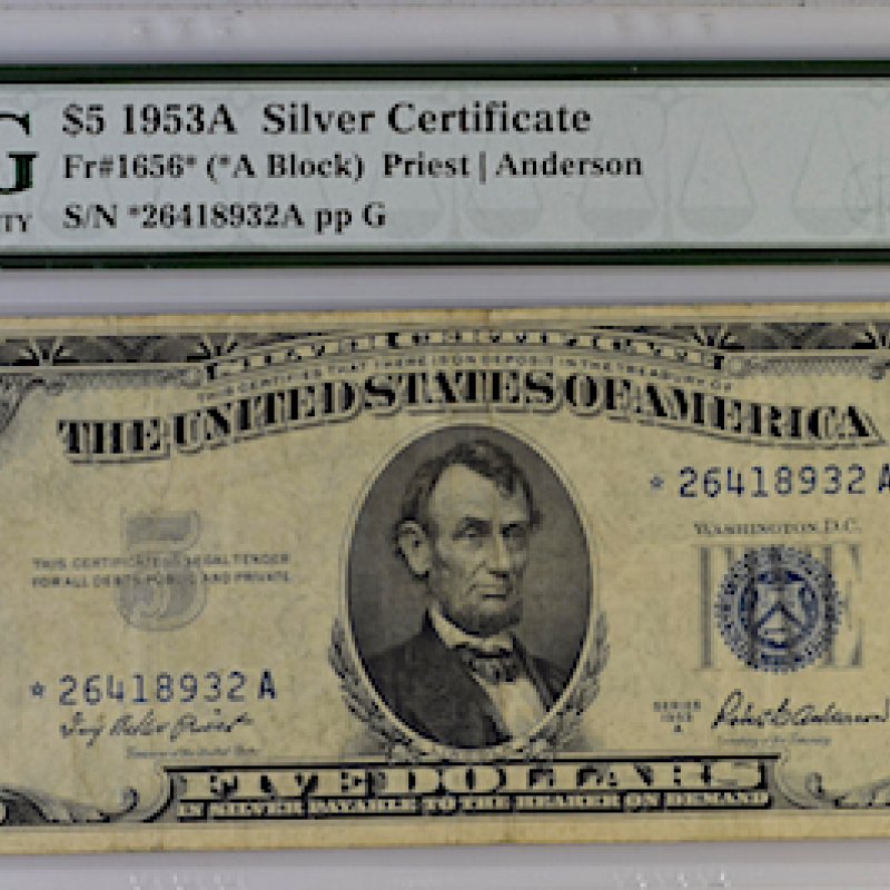 FR#1656* $5.1953 A SILVER CERTIFICATE(A BLOCK)PRIEST/ANDERSON SN# *2641893 PP G  FR#1656* $5.1953 A SILVER CERTIFICATE(A BLOCK)PRIEST/ANDERSON SN# *2641893 PP G